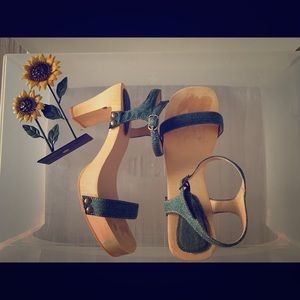 Demin Blue Wooden Platform Heeled Sandals